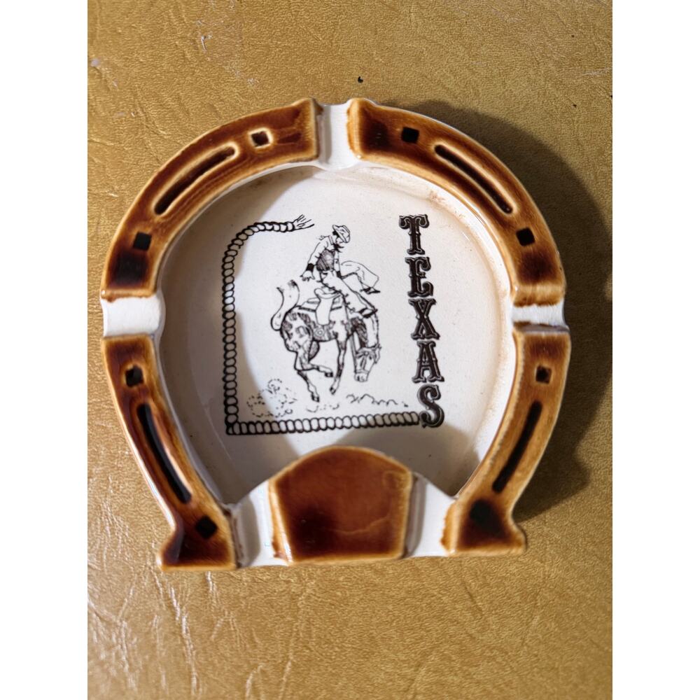 Vintage Texas Horseshoe Ceramic Ashtray Cowboy Rodeo Souvenir 1950s 60s
